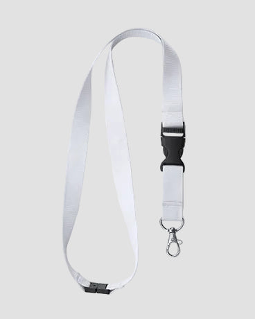 White lanyard with a black clip on a white background