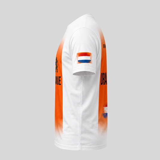 Side view of white Netherlands fan T-shirt showing orange front and back design alignment with Dutch flag sleeve detail