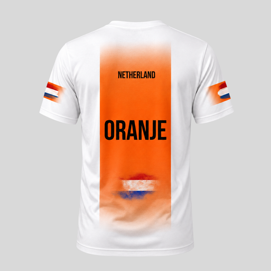 Back view of Netherlands fan T-shirt with orange Oranje graphic, custom name area and Dutch flag sleeve details