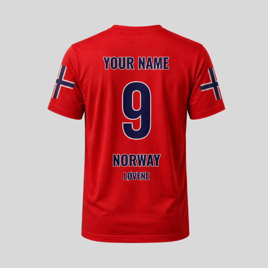 Back view of red Norway fan t-shirt with custom name, number, and Norway Løvene text