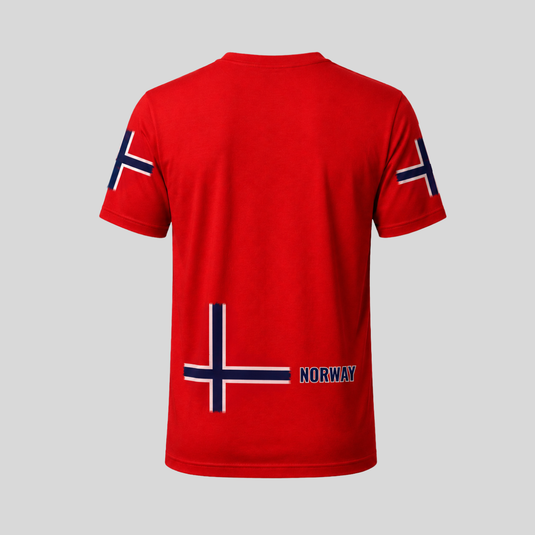 Back view of red Norway fan t-shirt with  Norway flag & text