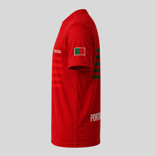 Side view of red Portugal fan T-shirt showing sleeve flag detail and front and back design alignment