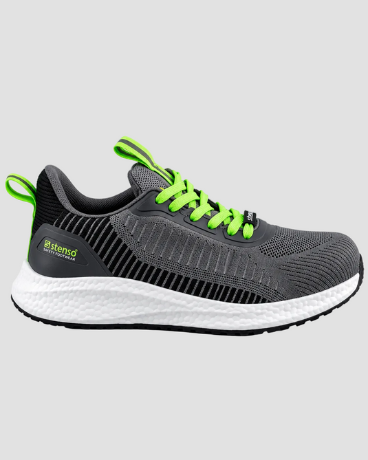 A dark gray and black athletic sneaker with bright neon green laces and pull tabs, featuring a white textured midsole and a visible Stensø logo on the heel.