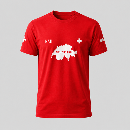 Red Switzerland fan t-shirt with white map graphic, Nati text and Swiss cross design