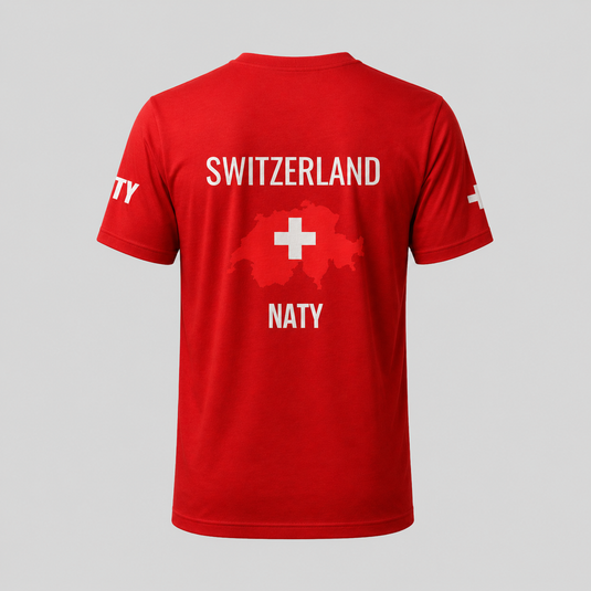 Back view of Switzerland fan t-shirt with Switzerland text, Swiss cross, map graphic and Nati design