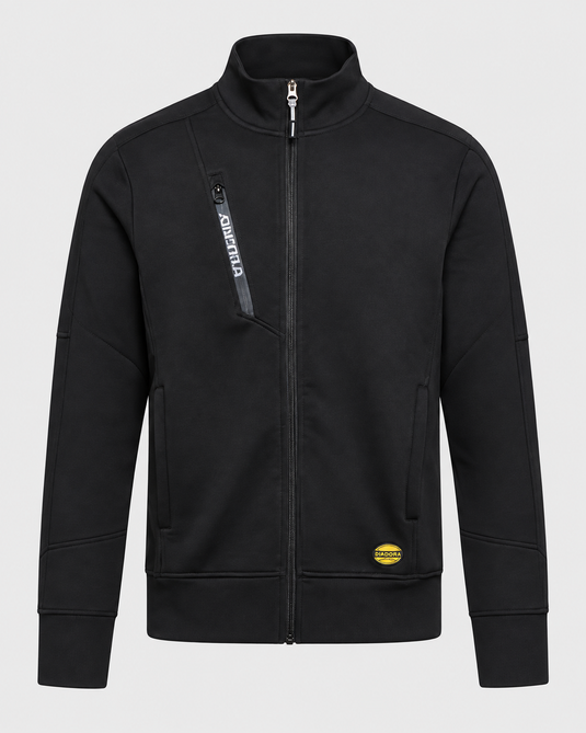 A black zip-up jacket with a high stand collar, featuring a diagonal zippered pocket on the left chest with a vertical white 'POWERFIT' label, and a small yellow circular patch near the bottom hem, shown against a light gray background.