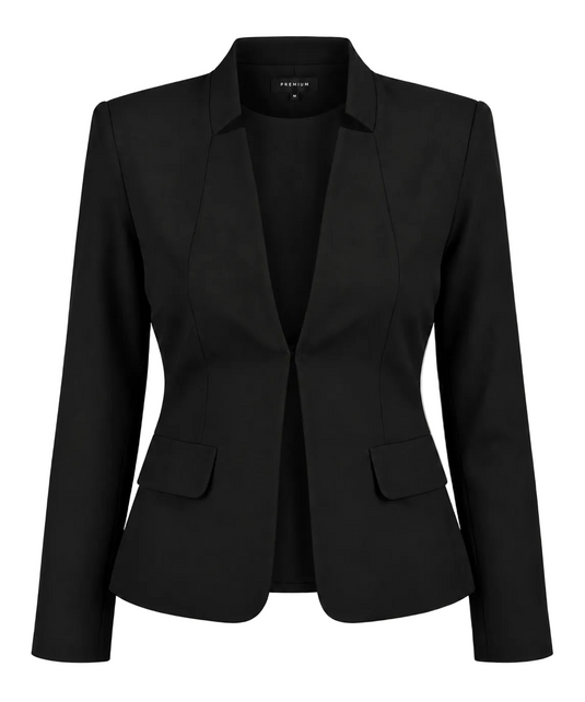 A black structured blazer with a notched lapel, long sleeves, and flap pockets, shown on a light gray background.