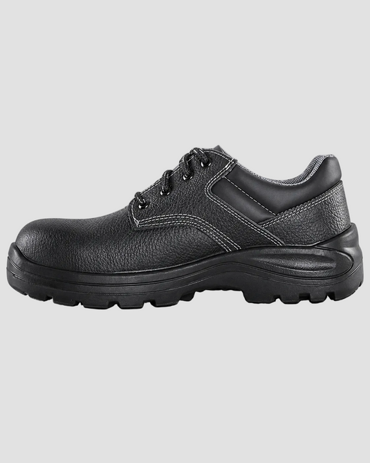 A black leather safety shoe with a thick black sole, black laces, and a textured toe cap, shown from a three-quarters angle on a white background.