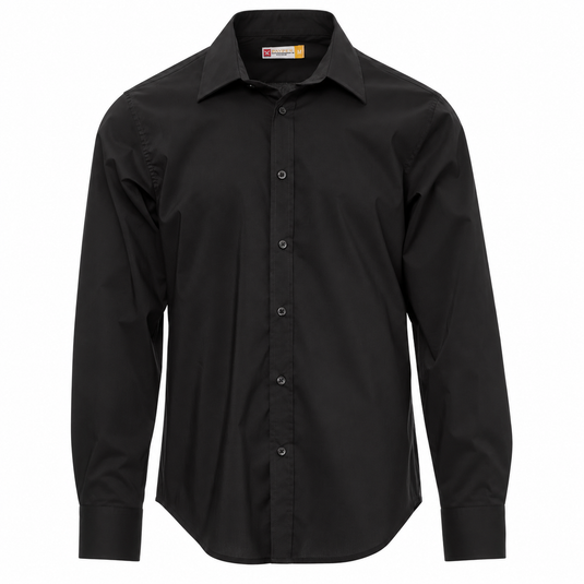A black long-sleeve button-down dress shirt with a pointed collar and button-down front, shown on a plain white background.