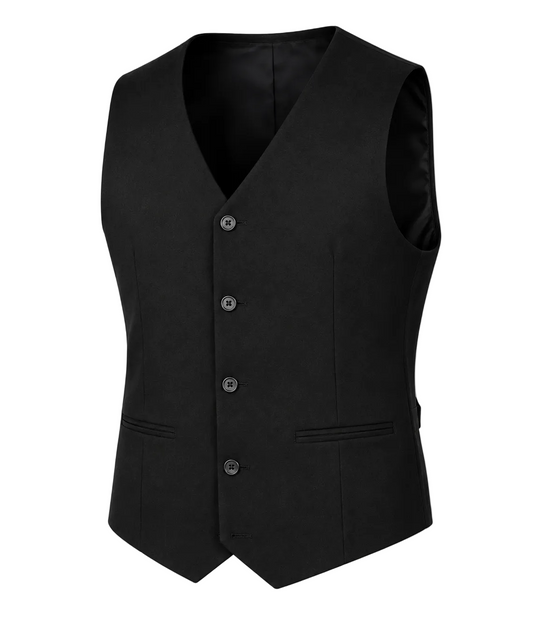 A black women's waistcoat vest with a V-neck, four-button front closure, and two front welt pockets, shown on a neutral gray background.