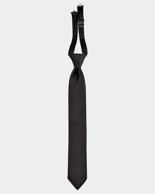 A black necktie with an adjustable black neck strap and silver metal buckle, shown vertically against a light gray background.