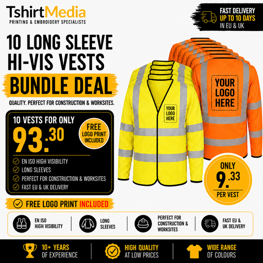 10 Long Sleeve Hi-Vis Waist Coats - 2 Free Logos