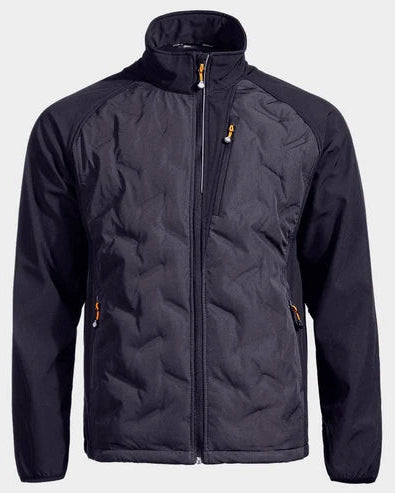 Black jacket with orange zippers on a light gray background