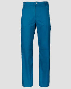 A pair of men's straight-leg cargo pants in a vibrant teal blue, shown flat against a light gray background.