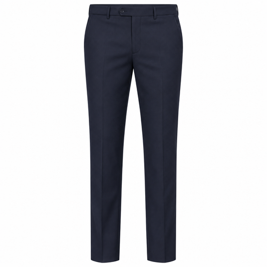 A pair of navy blue straight-leg dress pants shown flat against a solid white background.