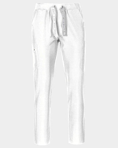 White drawstring sweatpants with a relaxed straight-leg fit, displayed on a light gray background.