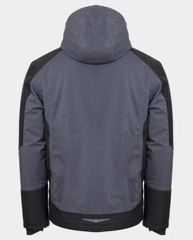The back view of a hooded jacket in heather gray with black shoulder, sleeve, and hem panels, shown on a light gray background.