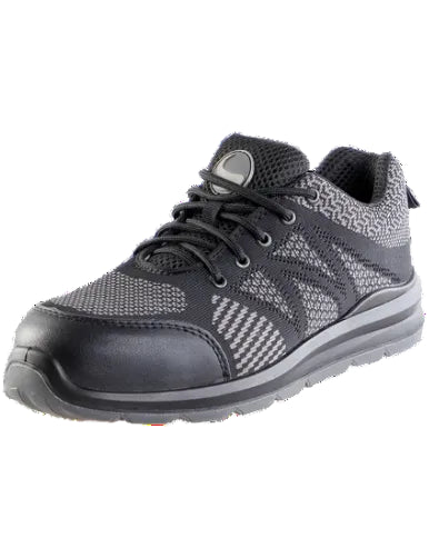 A black and gray safety work shoe with a textured knit upper, black laces, and a protective toe cap, shown on a plain white background.