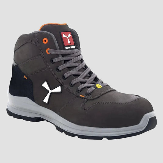Gray high-top sneaker with brand logo on a white background