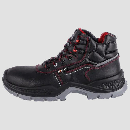 A black leather high-top safety boot with red stitching, red laces, and a gray sole, shown from a side profile on a white background.