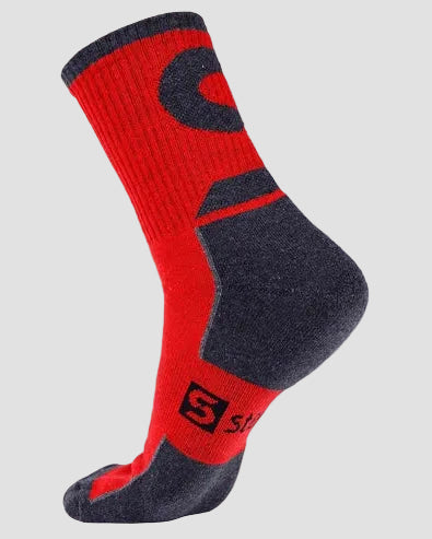 Red and gray sock with a brand logo on a light gray background