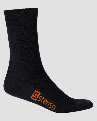 Black sock with red logo on a light gray background