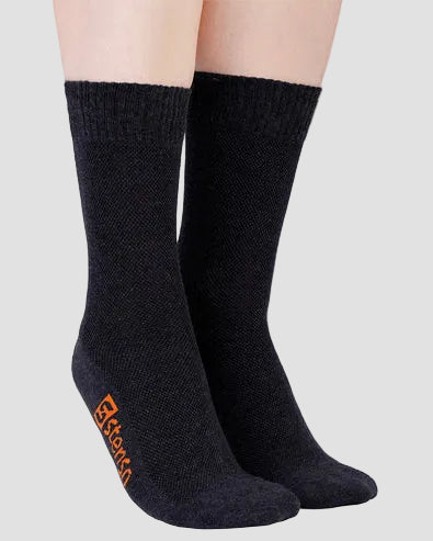 Dark gray socks with an orange logo on a light gray background