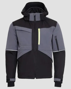 Two-tone gray and black jacket with a hood on a light gray background