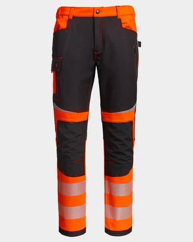 High-visibility work pants in black and bright orange, featuring reflective striped sections on the lower legs, cargo pockets, and reinforced knee panels, shown against a light gray background.