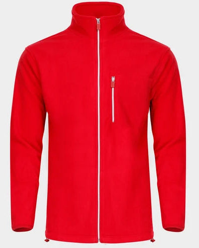 A bright red zip-up fleece jacket with a stand-up collar and a vertical zippered chest pocket, shown on a light gray background.