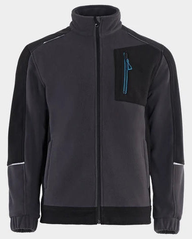 Dark gray jacket with a blue zipper on a light gray background