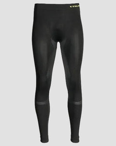 Black athletic compression tights with a small yellow 'UT' logo on the waistband, displayed on a light gray background.