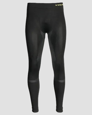 Black athletic compression tights with a small yellow 'UT' logo on the waistband, displayed on a light gray background.