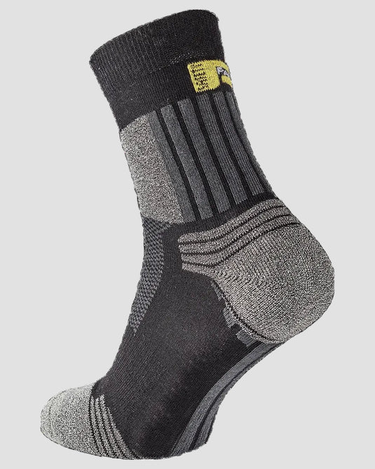 A single mid-calf athletic sock in dark gray and black with a small yellow brand patch near the cuff, shown on a plain white background.