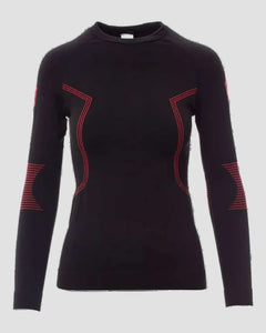 A black long-sleeve athletic top with red geometric stripe accents on the chest, shoulders, and sleeves, displayed on a clean white background.