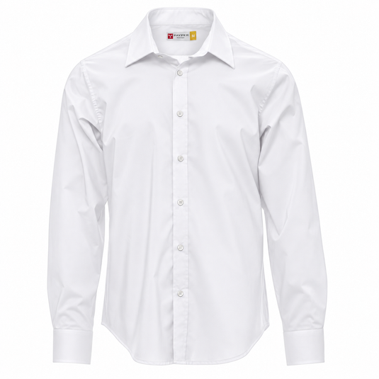 A white long-sleeve button-down dress shirt with a classic collar and button-down front, shown on a clean white background.