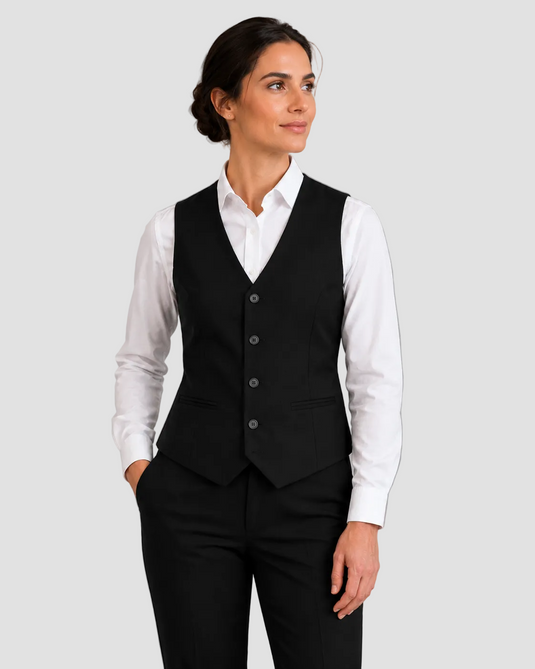 A woman wearing a black waistcoat vest over a white button-down shirt, paired with black trousers, photographed against a solid gray studio background.