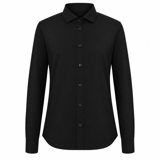 A black long-sleeve button-down shirt with a classic pointed collar, shown on a clean white background.