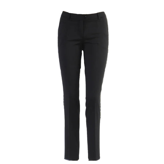 Black slim-fit trousers shown on a white background.