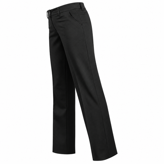Black women's straight-leg dress pants shown from a three-quarters side view on a solid white background.