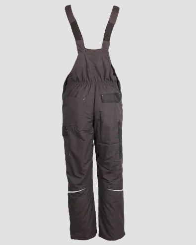 Dark brown insulated bib overalls with adjustable shoulder straps, multiple utility pockets, and reflective striping near the lower legs, shown against a plain white background.