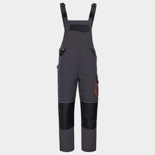 Dark gray and black work overalls with adjustable shoulder straps, utility pockets, and reinforced knee panels, shown against a light gray background.