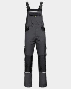 Dark gray work overalls with black knee and bib patches, adjustable shoulder straps, and utility pockets, shown against a light gray background.