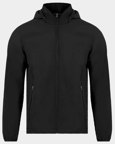 A black hooded zip-up jacket with side zip pockets, shown on a light gray background.