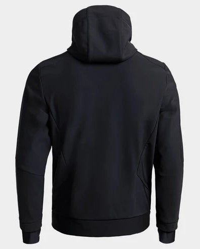 A black hooded sweatshirt shown from the back, featuring a smooth matte finish and ribbed cuffs, on a light gray background.