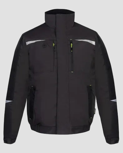 Black jacket with reflective stripes on a light gray background
