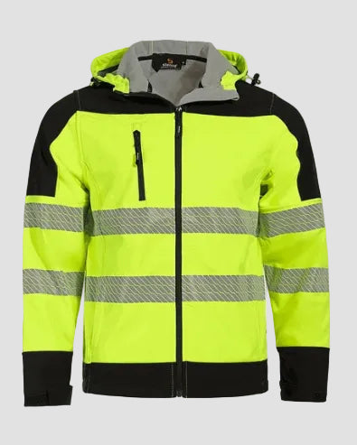 A high-visibility safety jacket in neon yellow-green with black panels, a gray hood lining, and reflective silver-gray horizontal stripes on the sleeves and chest, shown against a light gray background.