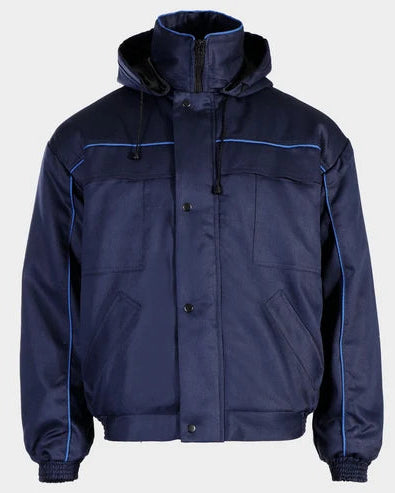 A navy blue hooded work jacket with bright blue piping details, shown against a light gray background.