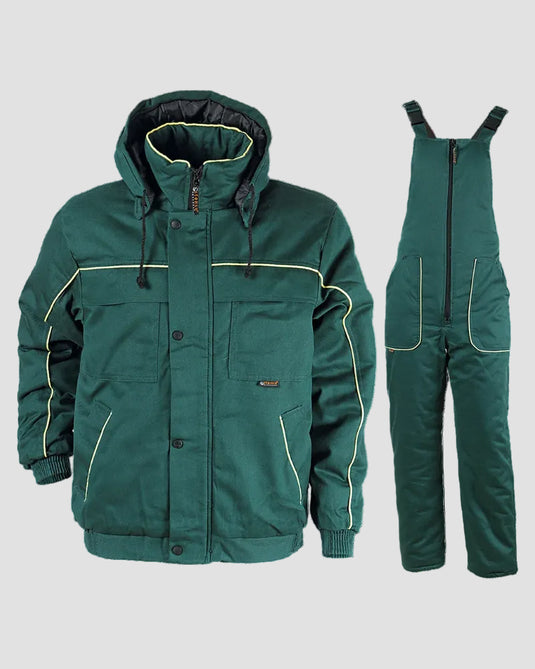 A dark green heavy-duty workwear set consisting of a hooded jacket and matching bib overalls, shown on a plain white background.
