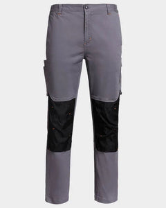 A pair of gray work pants with black reinforced knee panels, shown against a light gray background.